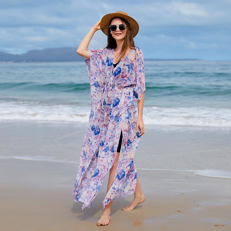 

Шифоновая напечатанная женская пляжная блузка сексуальный кардиган свободное платье для отдыха на море 4XL светло-фиолетовый