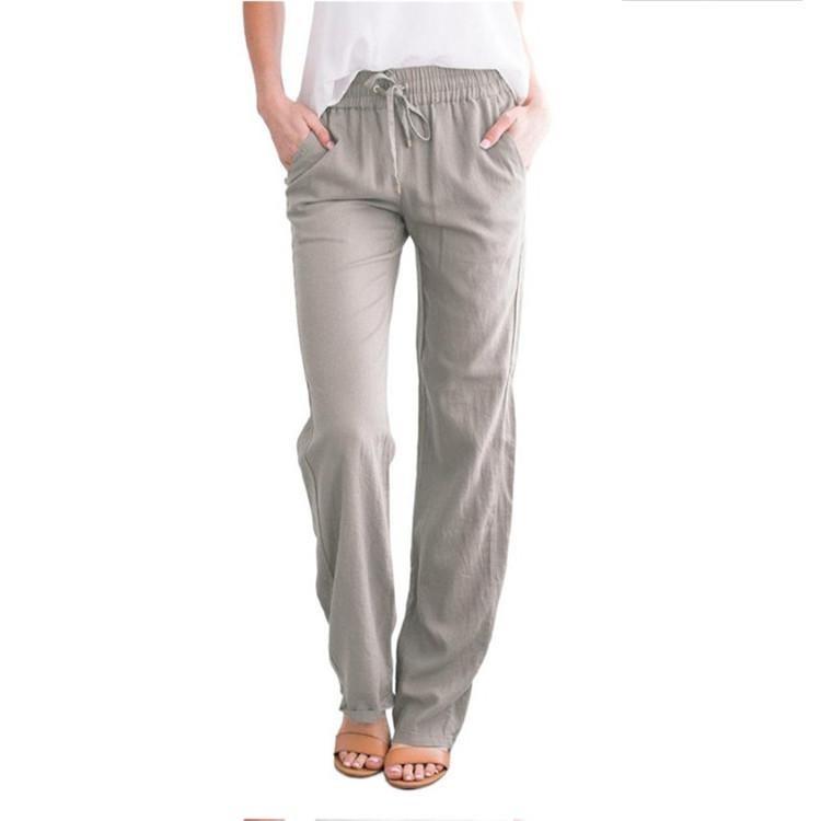 Women Wide Leg Trousers Loose Drawstring Casual Pants Solid Colour Cotton Linen Spring Summer