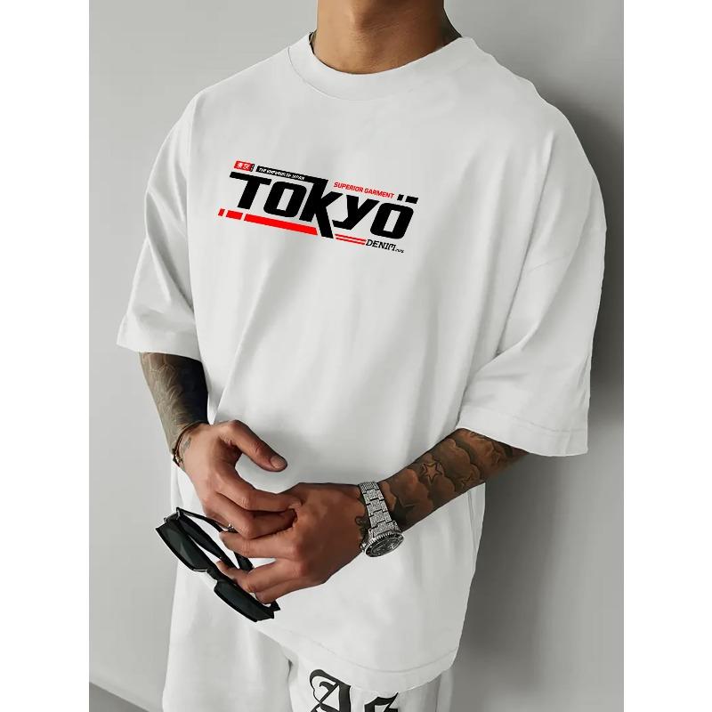 European Size Tokyo Racing Culture" Printed Men's T-Shirt - Street Style Short Sleeve, Loose Fit Crew Neck Top, Casual Trendy Wear, Holiday Gift