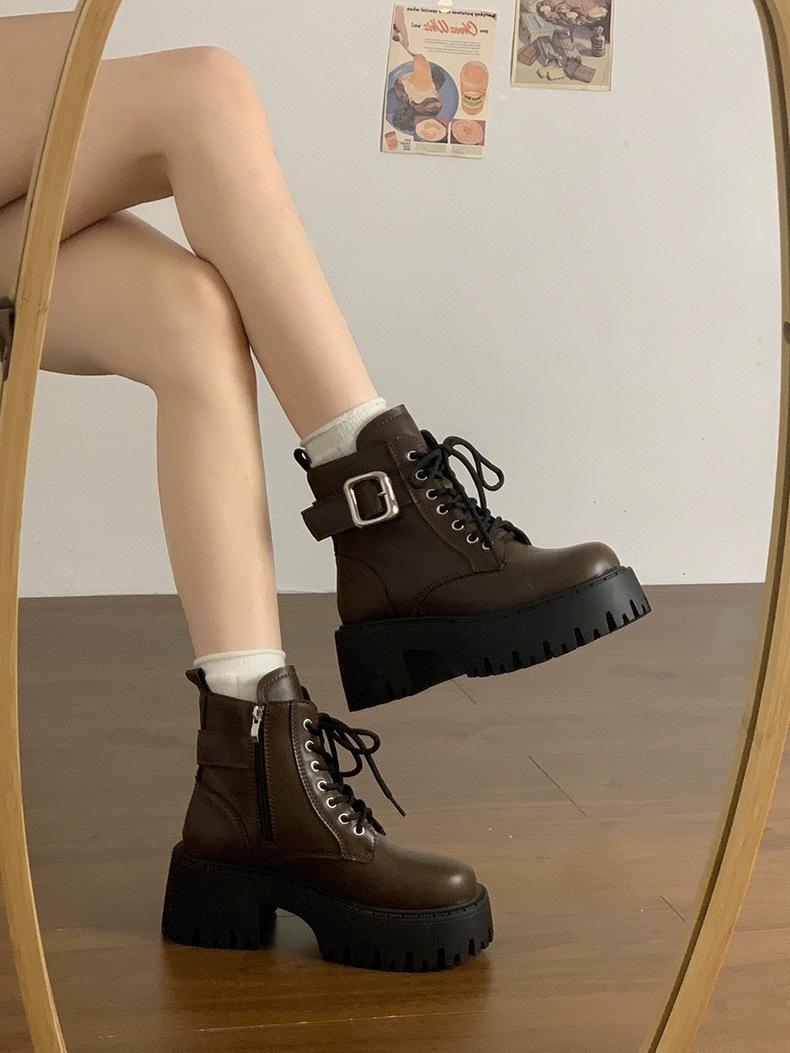 

British Martin boots women s new spring and autumn single boots heightened heel small platform locomotive boots short boots 40 коричневий