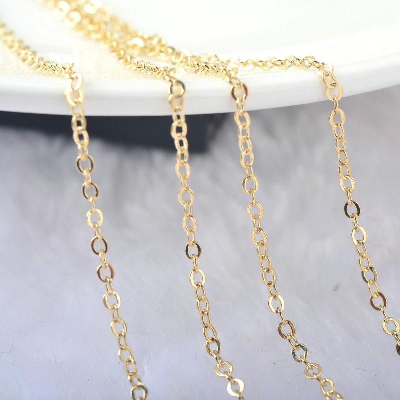 (4295)2Meter width:1.5MM 2MM 24K Champagne Gold Color Brass Flat Oval Chains Necklace Chains High Quality Jewelry Accessories