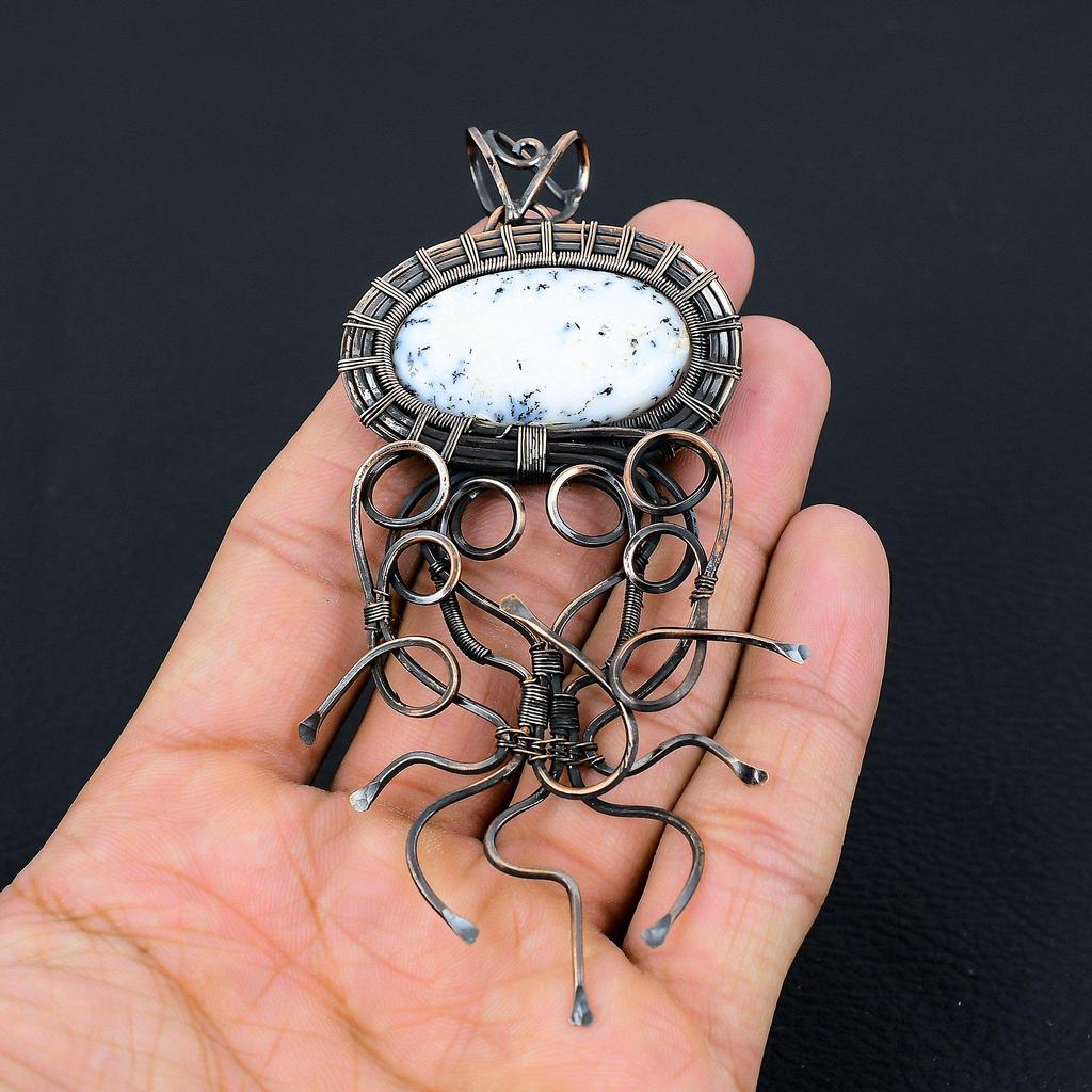 Dendriten-Opal-Edelstein, Kupferdraht, handgefertigt, Designer-Anhänger, Schmuck, Geschenk