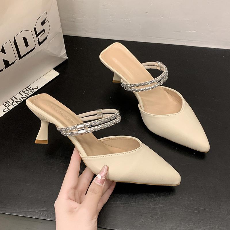 Baotou sandals women's middle heel two wearing slippers summer wear pointed thin heel rhinestone rear empty single shoes women's new models