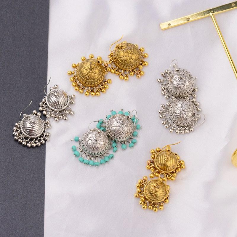 TopHanqi Retro Ethnic India Jhumka Jhumki Earrings Femme Antique Gold Color Carved Lotus Lantern Drop Earrings For Women Zircon