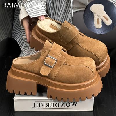 Suede Chunky Platform Women Mules Shoes Fashion High Heels Slippers 2025 Trend Winter New Brand Buckle Casual Femme Chaussures
