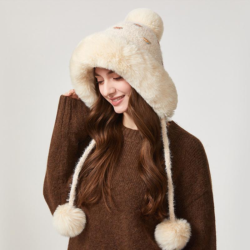 Knitted Hat Women's Thick Wool Collar Wool Hat Plush Three-Ball Warm Hat