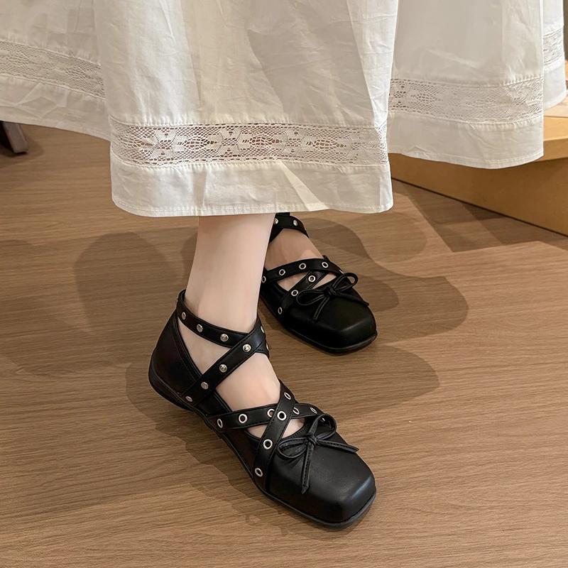 Fashion Silver bow small single shoes women's spring and summer new heightening real soft leather light mouth square head ballet shoes