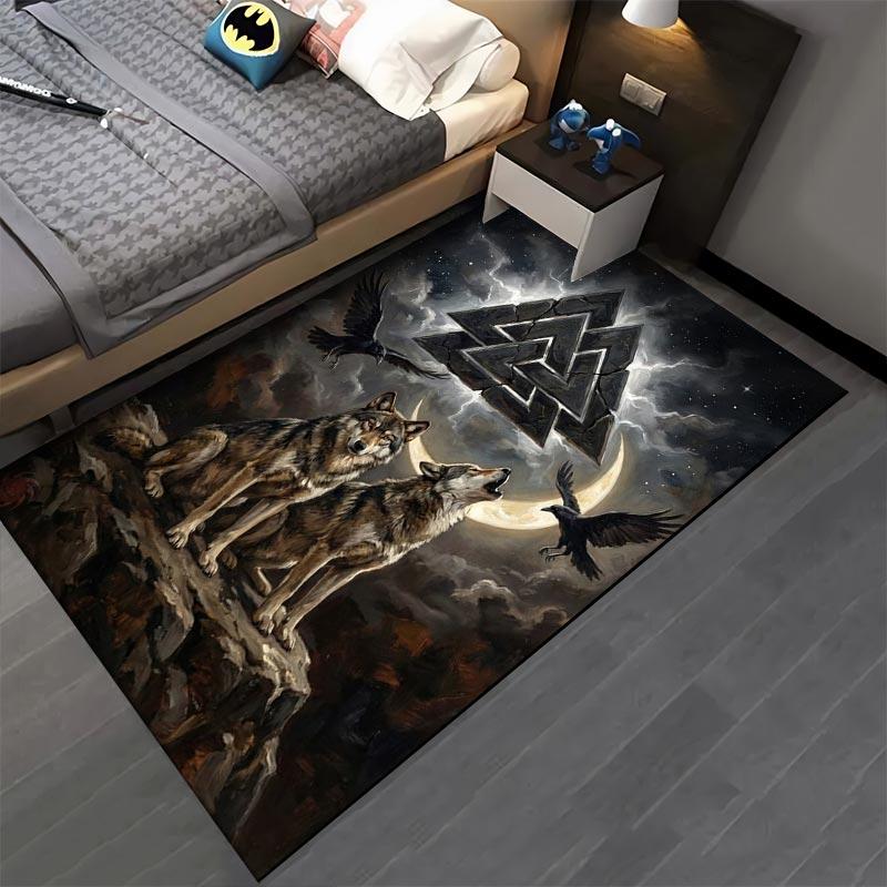 "Nordic Wolves Moon Ravens Valknut Symbol Rug for Living Room Decor" Suitable for Use As an Anti-slip for Living Room Bedroom Sofas