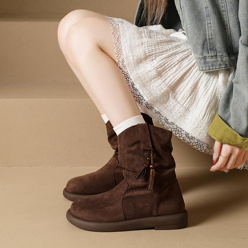 Fashion CRLAYDK Retro Women's Ankle Fold Boots Stylish Casual Bohemia Ladies Walking Outdoor Combat Bootie Suede Tassel Dress Shoes