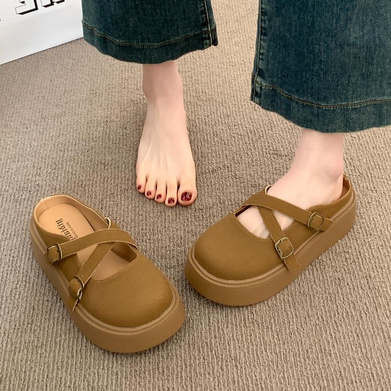 Women's Thick Bottom Baotou Slippers Spring New Round Head Shallow Mouth Belt Buckle Non-slip Flat Shoes