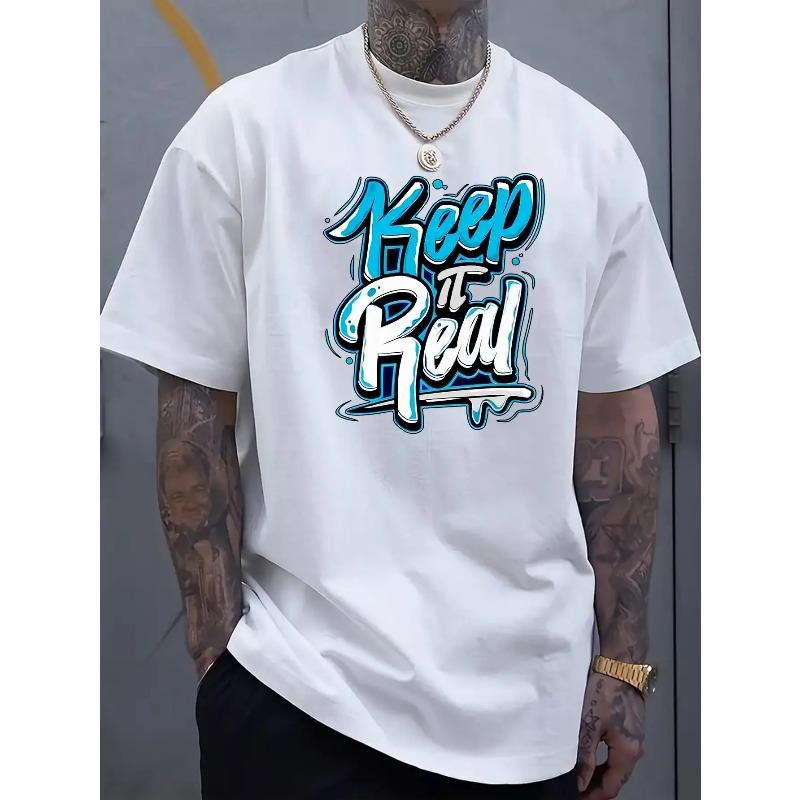 

European sizes Men s Oversized Streetwear T-Shirt - Black & Turquoise Keep It Real Slogan Print, Loose Fit Crew Neck Short Sleeve Shirt 4XL білий