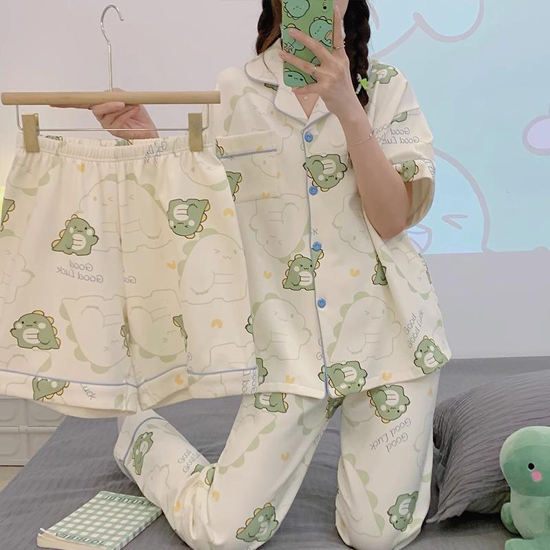 Spring And Summer Pajamas Women'S Short-Sleeved Three-Piece Cartoon Cute Little Dinosaur Lazy Style Loungewear