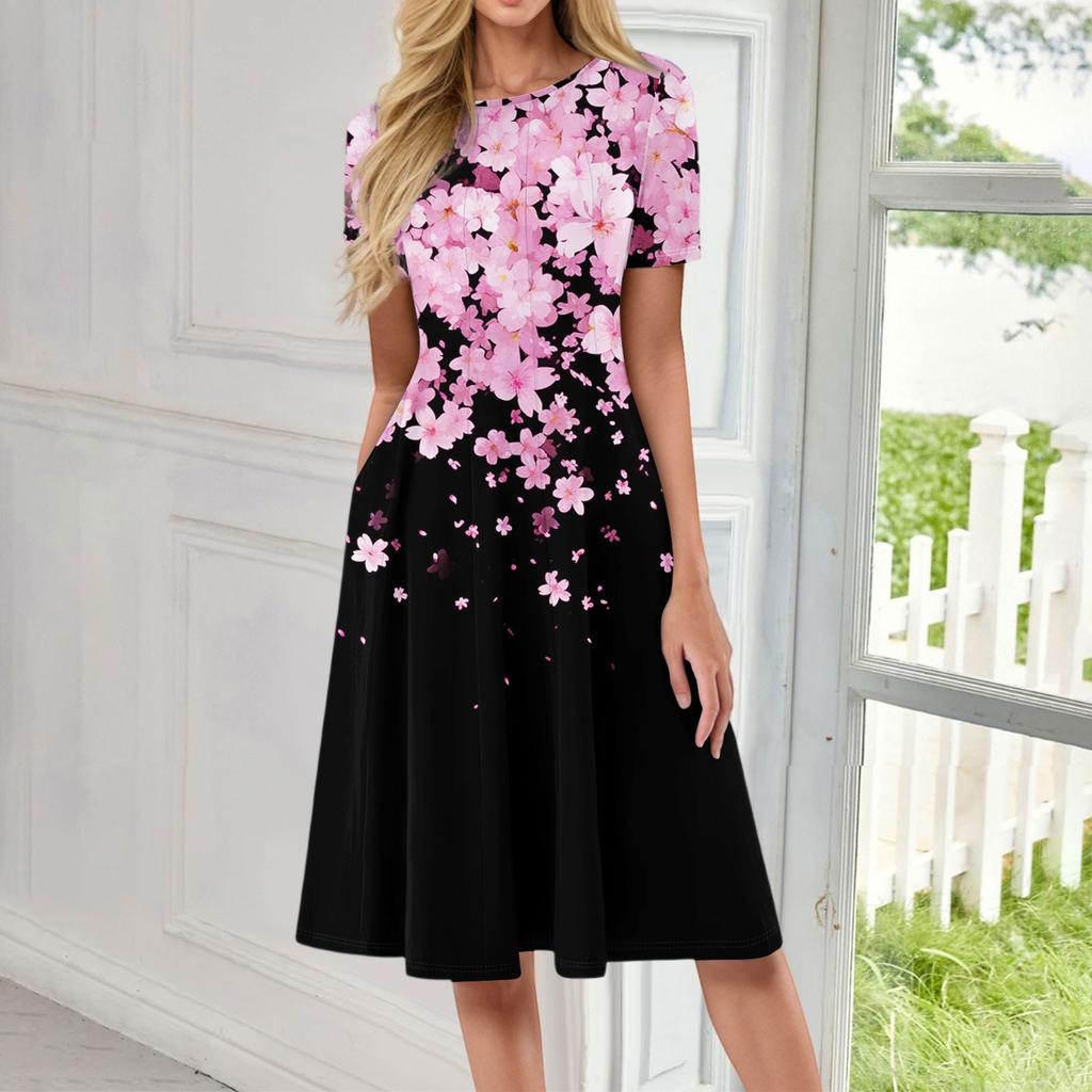 Women's Casual Sundress Summer Boho Beach Dress Floral Blouses For Women O Neck Loose Dresses