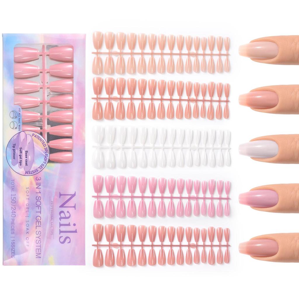 150pcs 3-IN-1 Press On Nails Nude Color Wearable Fake Nail Tips Full Cover Artificial Fingernails Almond Ballet Nail Extensions