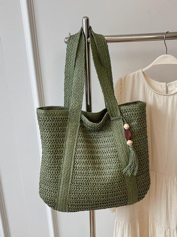 Versatile Solid Color Straw Beach Bag – Large Capacity Vacation Handbag