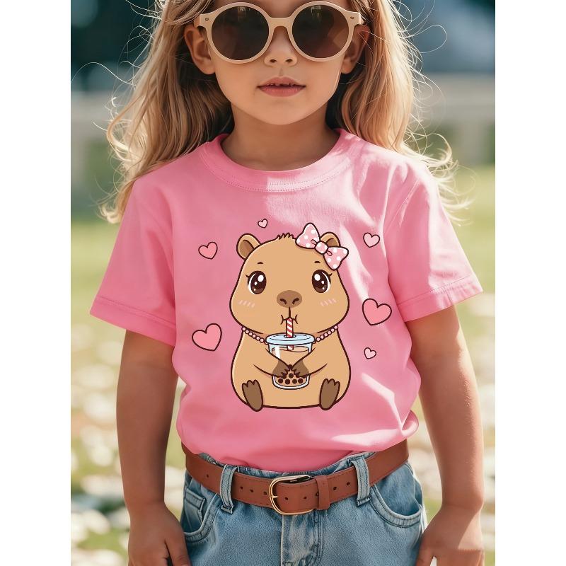 European Sizes Summer Fashion Short-Sleeve T-Shirt for Girls Featuring a Casual And Versatile Capybara Cartoon Print of Drinking Milk Tea