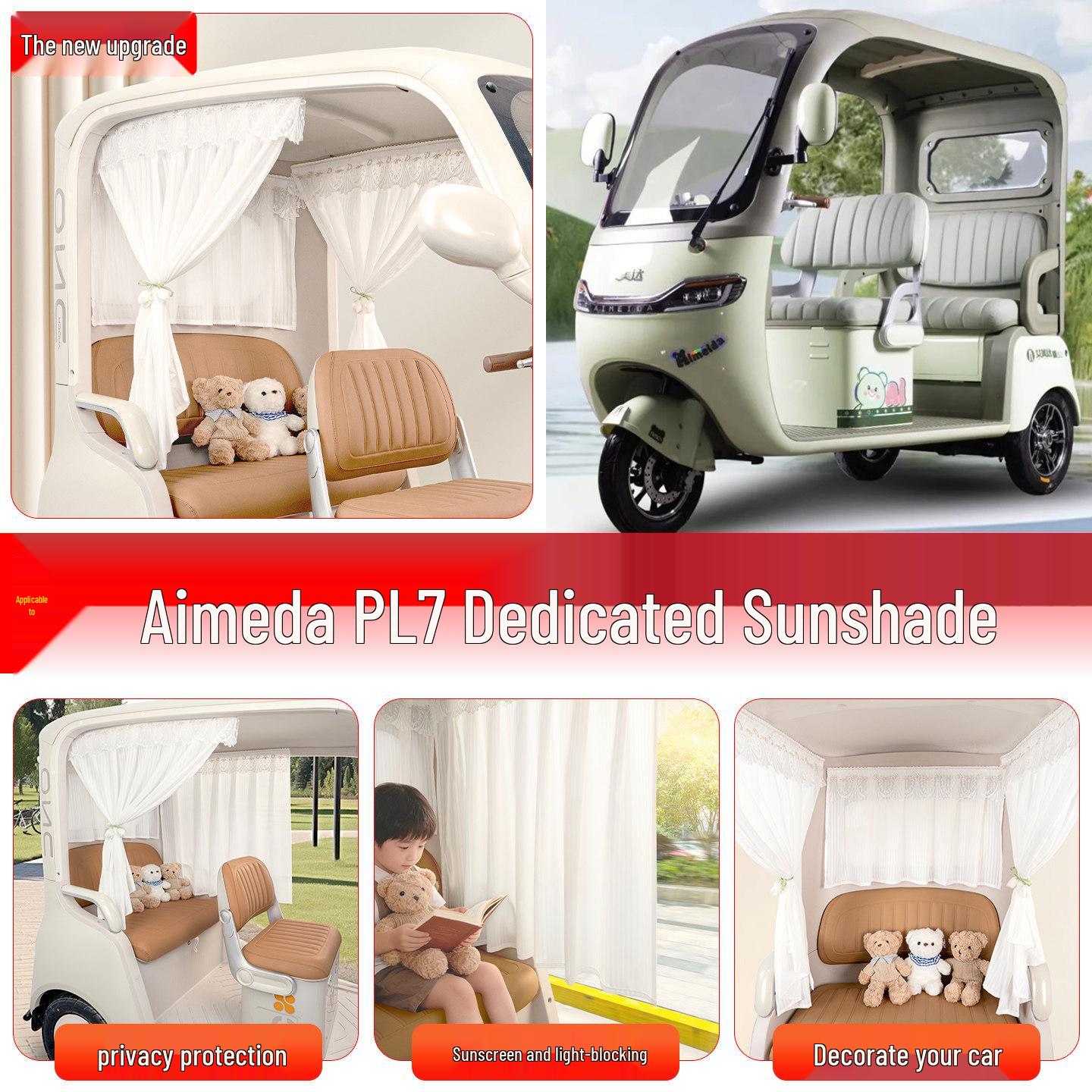 Aimaida PL7 Electric Tricycle Sunshade Curtains - Light Blocking & Decorative Accessory Rainbow Bean Pattern 3-Piece Set with Tulip Ties