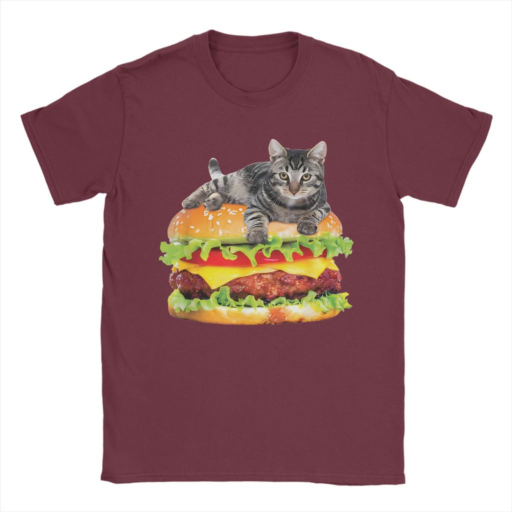 Men Hamburger Space Cat Funny Kitty T-Shirts  Pure Cotton Top Tees Beach Street Style T-Shirt O-Neck Trending Tee Shirt Big Size