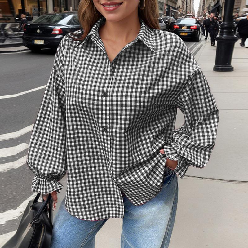 

ZANZEA Women Casual Turn Down Collar Button Long Sleeve Grid Print Blouse 5XL чорний