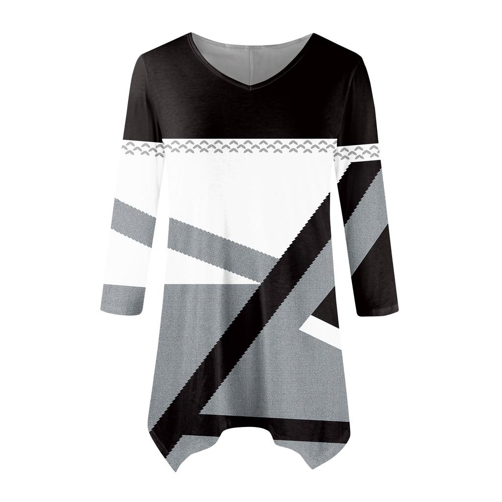 Moda Donna Casual Scollo a V Colore a Contrasto Stampato Manica a Sette Punti Camicia Cinturata Top Ampio Confortevole