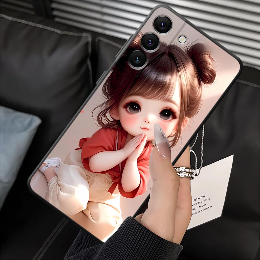 Case for Samsung Galaxy A20 A13 A06 A40 A16 A05 A10 A12 A30 A15 A17 A70 A50 A04 Black Soft Phone Cover Cartoon Girl Pattern