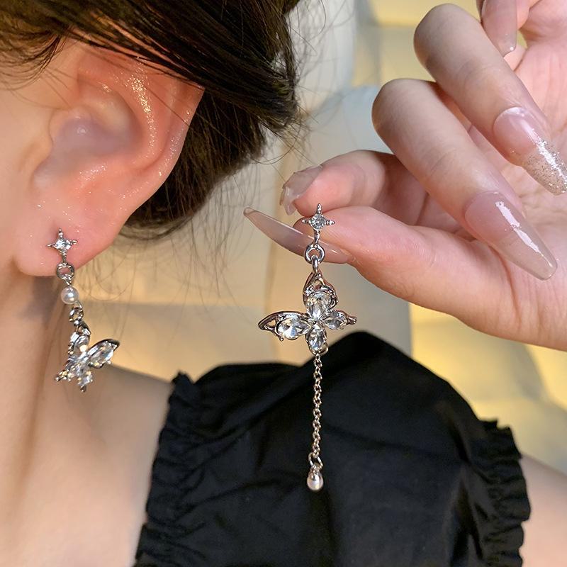 S925 Silver Needle Asymmetrical Long Tassel Butterfly Earrings with Sparkling Zircons for Women