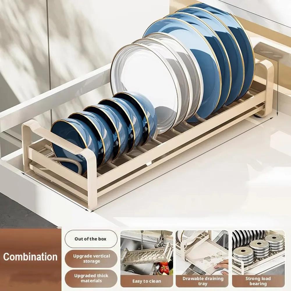 Carbon Steel Pull Out Dish Rack Built-In Space Saving Dish Storage Rack Expandable Practical Kitchen Drawer Rack Household Use
