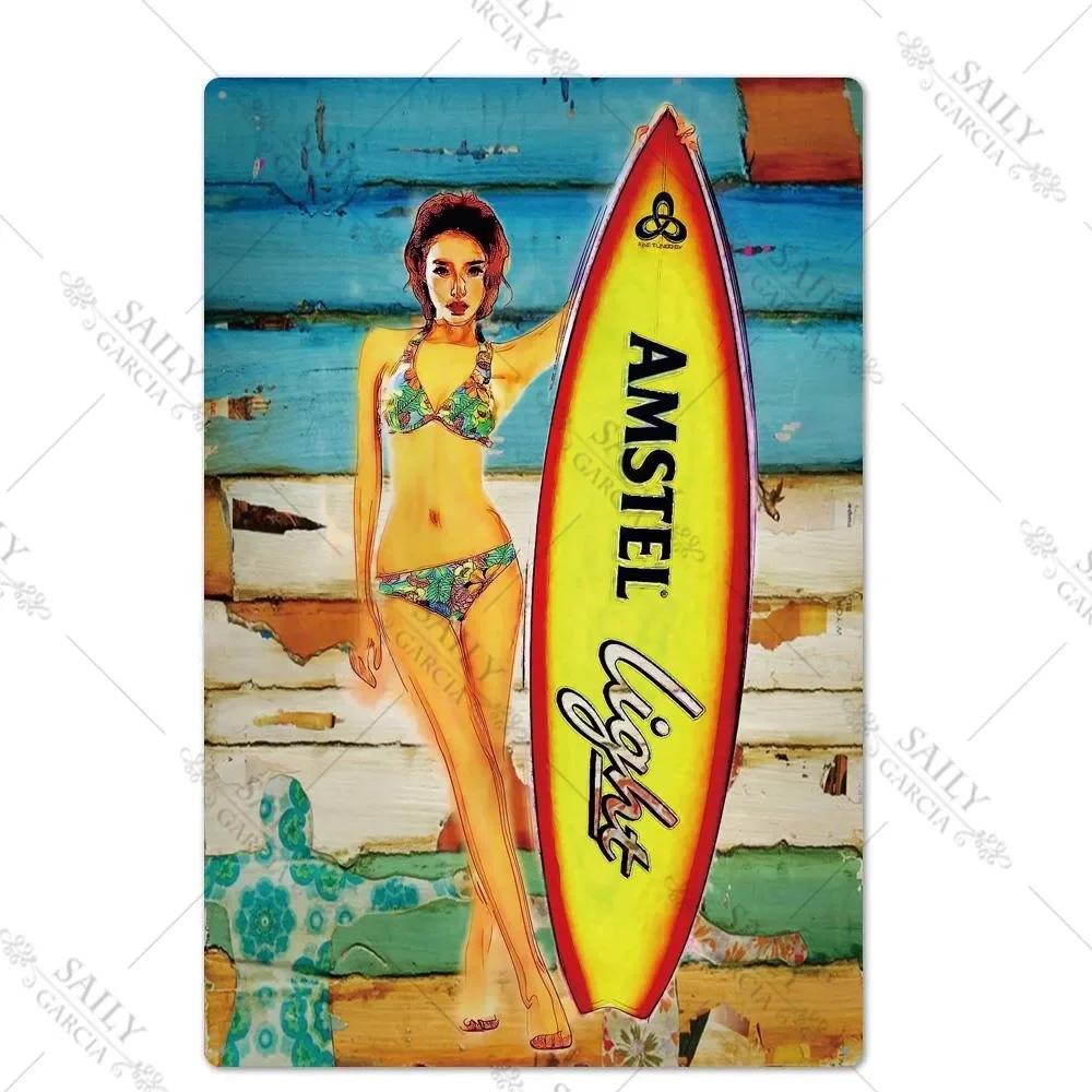 Vintage Surfing Girls Metal Sign Posters for Home Decor Fashion Art Wall Mural Bar Pub Sign Decor Metal Plate