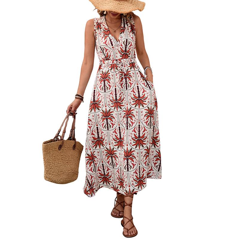 2025 New Vacation Style Plant Print Sleeveless V-neck Long Dress Summer