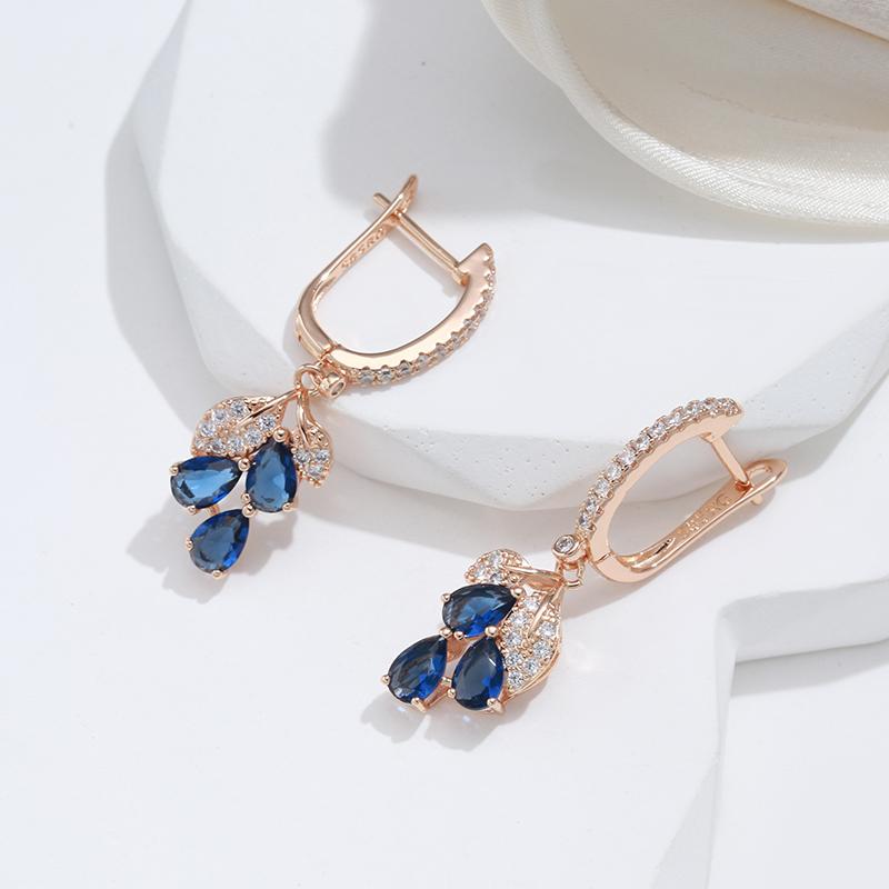 Kienl New  Rose Gold Color Long Earring For Women Vintage Blue Natural Zircon Flower Drop Earring High Quality Daily Jewelry