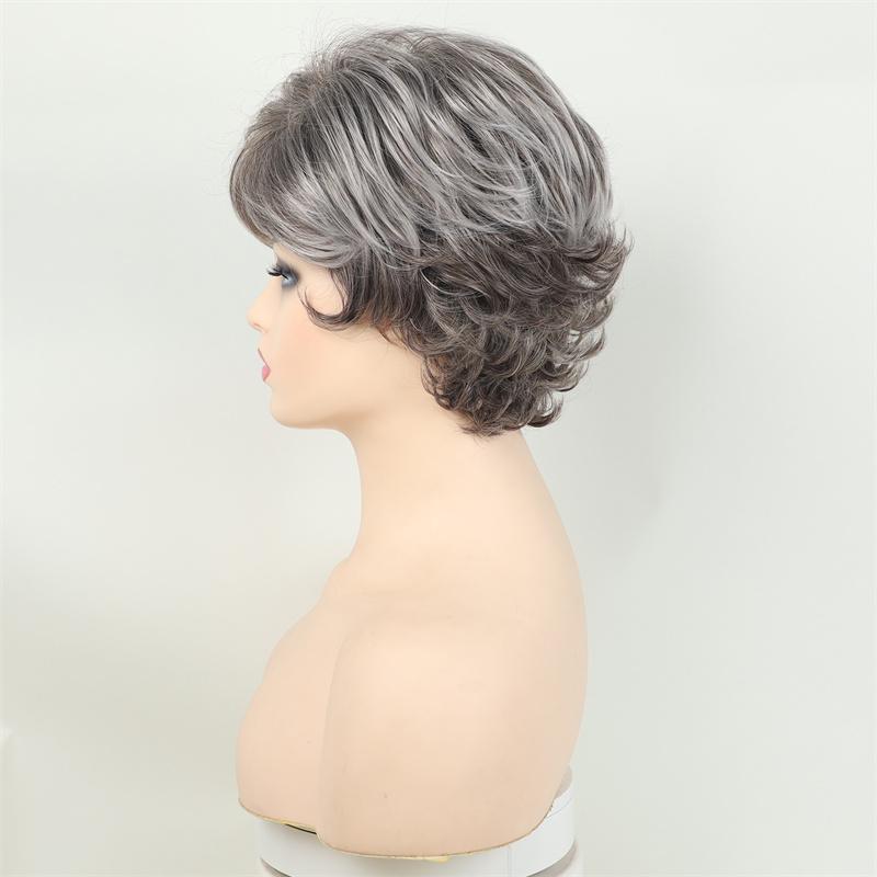 Synthetic Mommy Hair Mixed Brown Wigs for Women Short Curly Wig with Bangs Daily Party Drag Queen Costume Pixie Cut Hairstyle