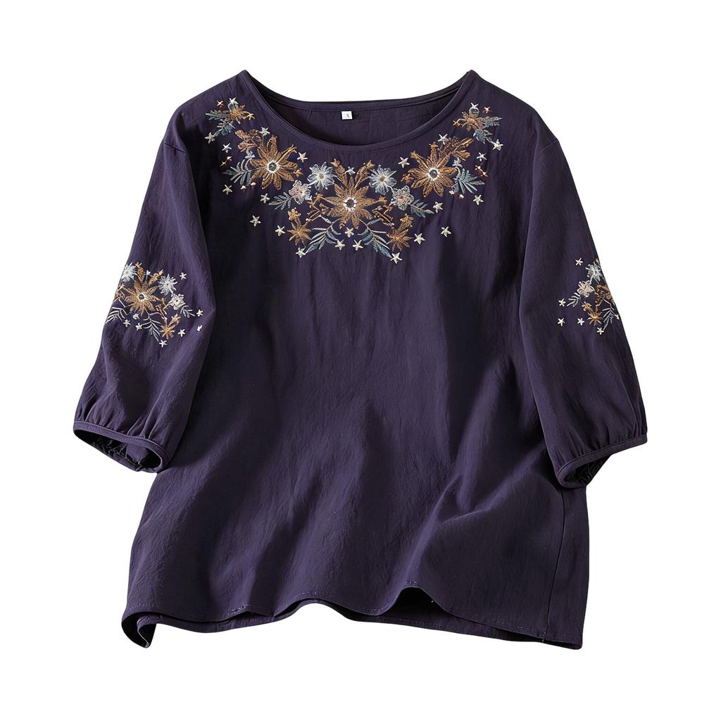 Damen lockeres, figurschmeichelndes Baumwoll-Leinen Rundhals-Dreiviertelarm Hemd Top