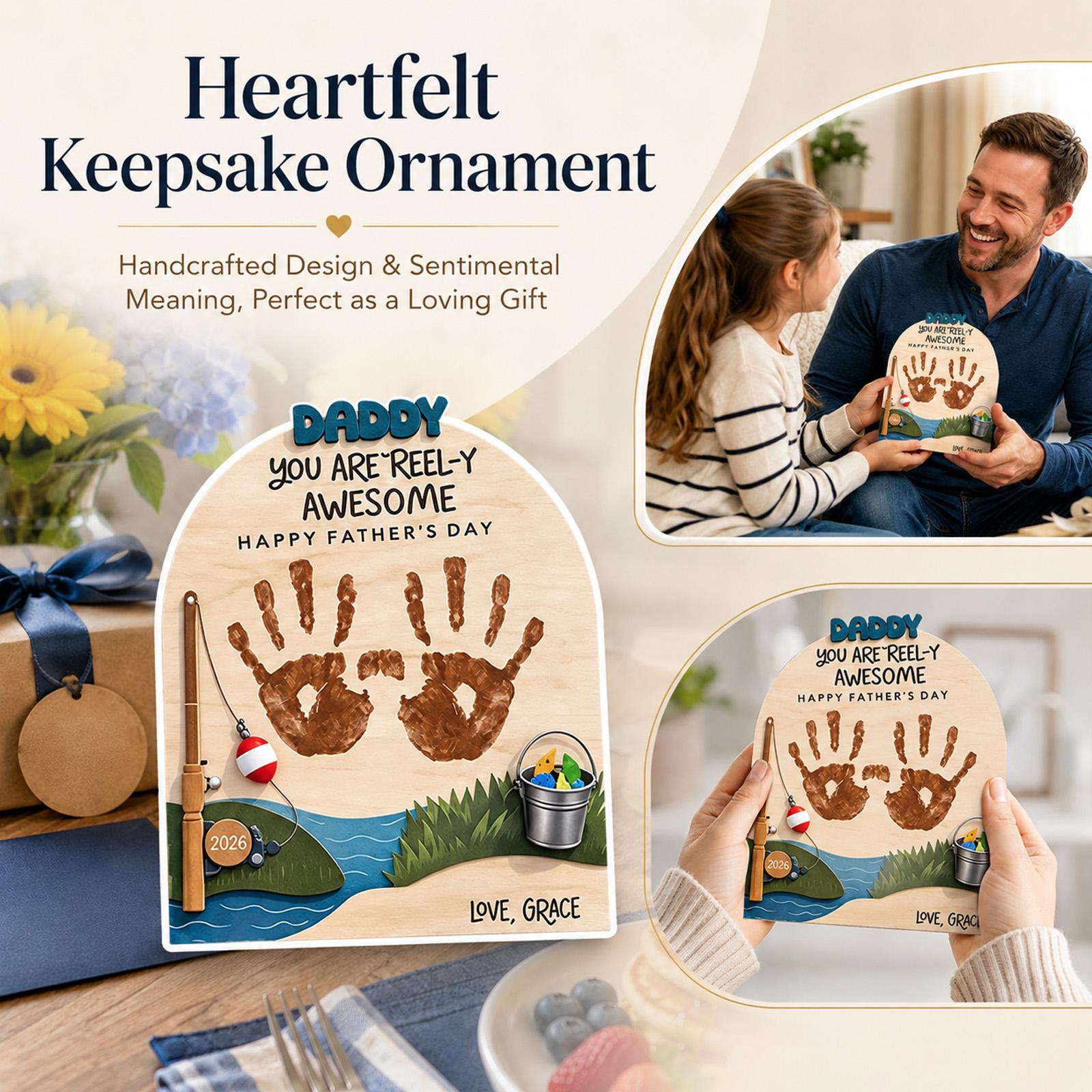 Wooden Handprint Keepsake for Father s Day Personalized Memory Plaque with Fishing Theme and Handprint Design Unique Dad Gift Idea One Size