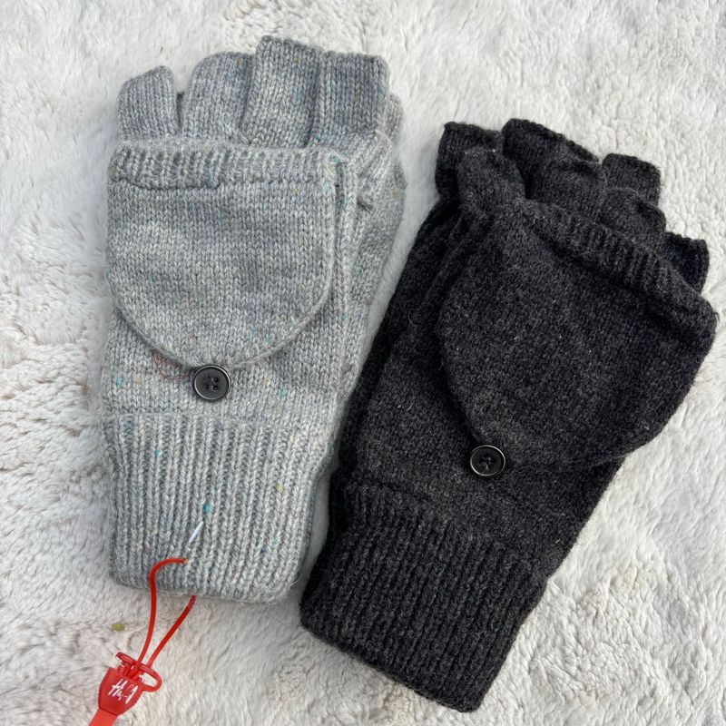 

72% Fleece. Foreign Trade Women Knitted Half Finger Flip Gloves Warm Cold Proof Half Finger Gloves for Students Black Gray L