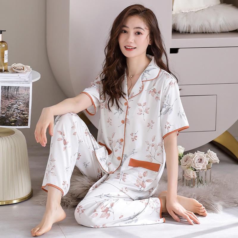 Pajamas Women s Summer Ice Silk Short Sleeve Trousers Women s Summer Thin New Year s Simulation Silk Loungewear M recommended 40-52.5kg