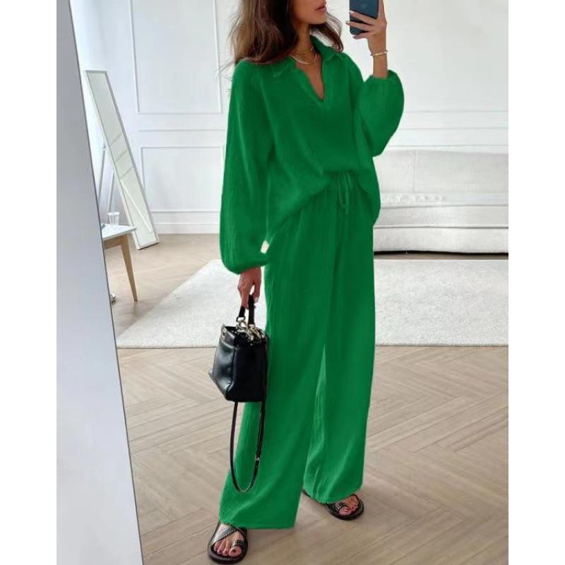 GMXIA Baumwoll- und Leinen-Set, Strickjacke, Langarm-Oberteil, Tasche, Weitbeinige lange Hose, Zweiteiliges Set