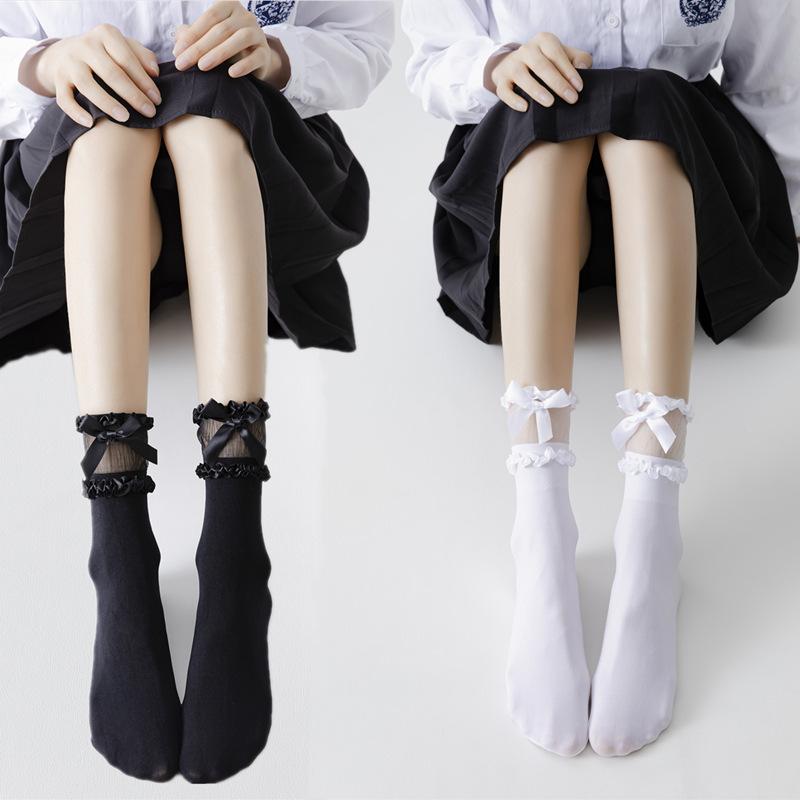 Lolita Lace Bow Calf Socks Velvet Women's Medium Tube Socks Knee Japanese Students Black and White Silk