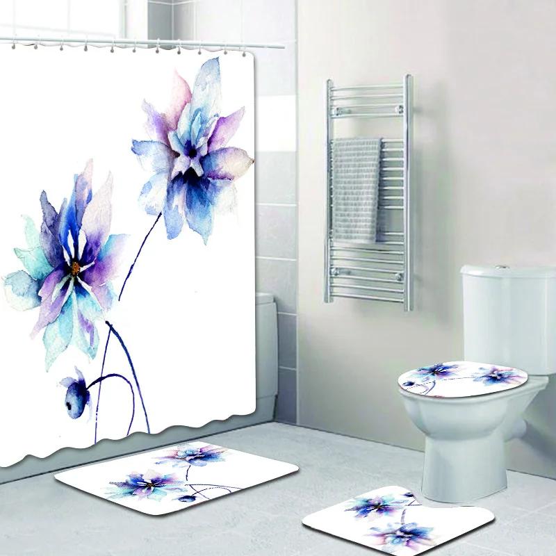 Butterfly Big Flower Blue Watercolor Flower Broken Flower Bathroom Shower Curtain Set Bath Mats Rugs Toilet Lid Cover Rugs Decor