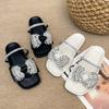 2025 New European Flat-bottomed Bow Rhinestone Slippers Women's Cross with Satin Open-toed Fashion Outer Slippers