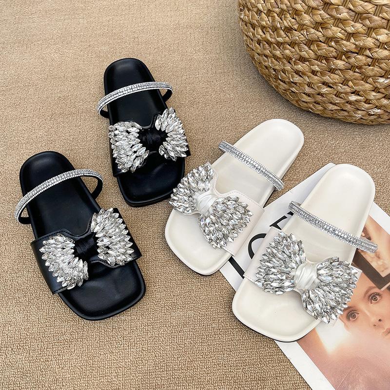 2025 new European flat-bottomed bow rhinestone slippers women's cross with satin open-toed fashion outer slippers