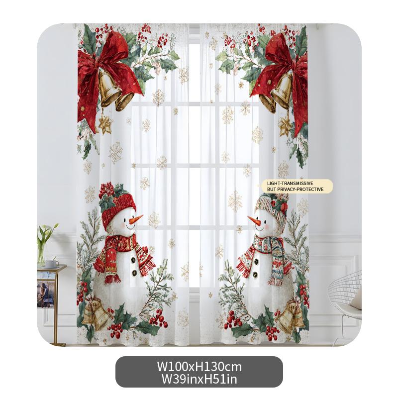 2PCS Christmas Winter Sheer Curtains, Snowman Bell Holly, Digital Print, Bedroom Living Room, Rod Pocket Polyester Home Decor