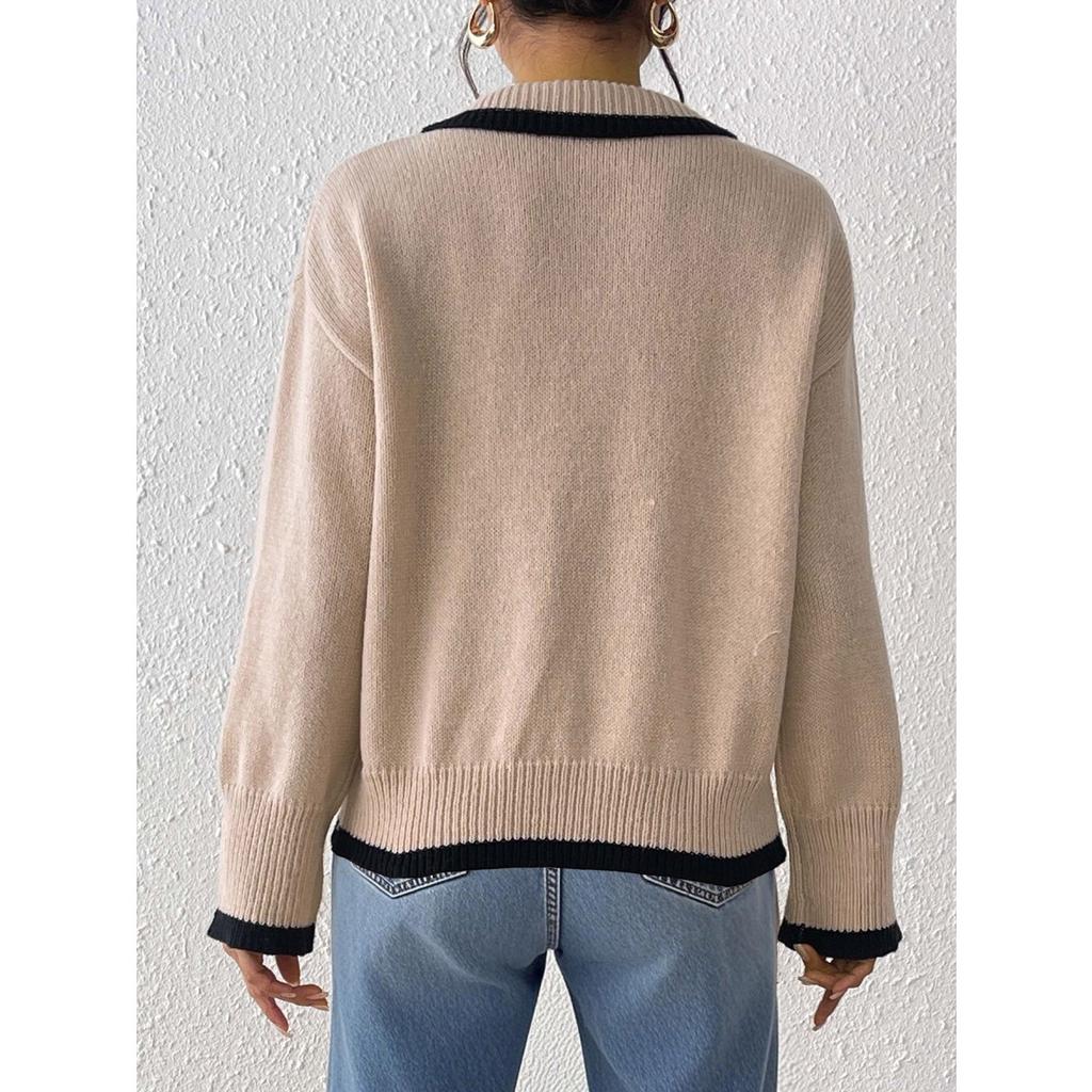 Women's Fall Winter Pullover Sweater, Contrast Color Collar Flower Embroidery Beaded Patchwork Top, Casual Women's Clothing