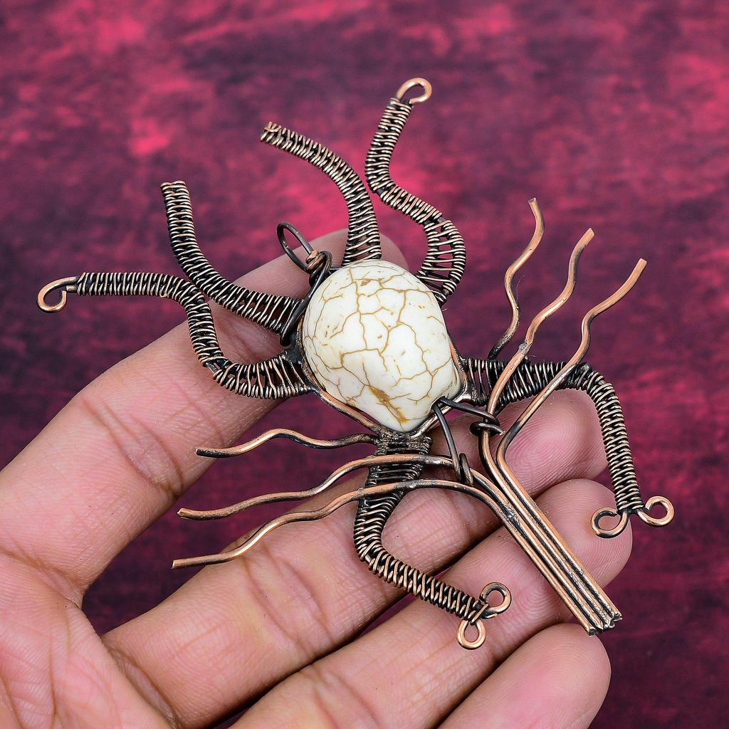 Howlite Pendant Copper Wire Wrapped Pendant Titanium Bead Eyes & Skull Bone Face Pendant