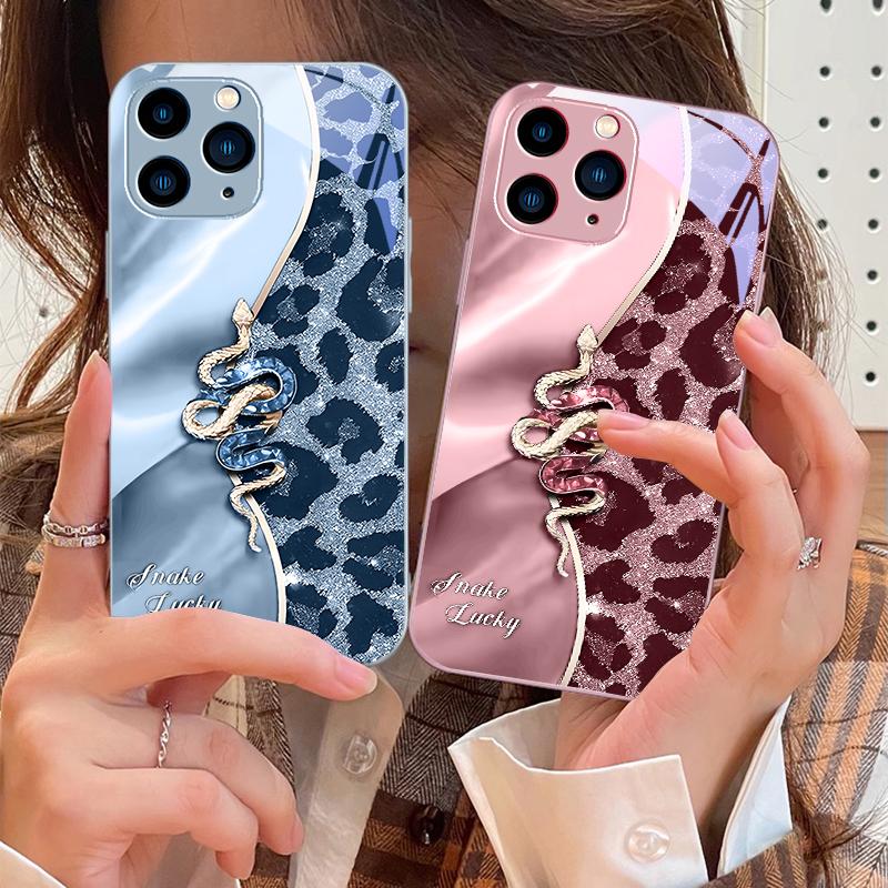 Spotted Snake Pink For IPhone 16 Pro Max 15 Pro 14 13 12 Mini 11 XS Max XR 7 8 Plu SE 2022 Tempered Glass Phone Case