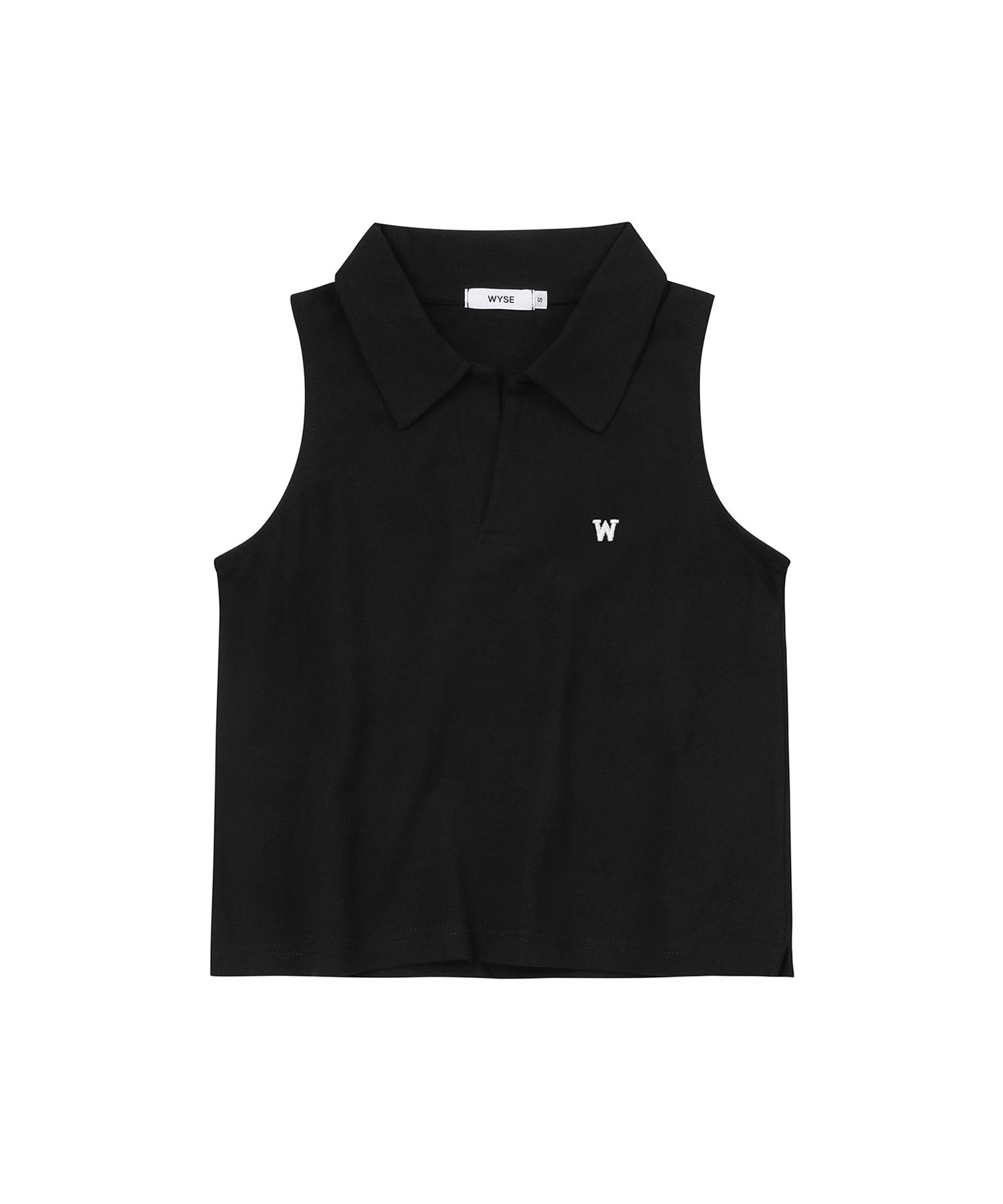 Wise Slit Collar Crop Sleeveless Top (Black) M