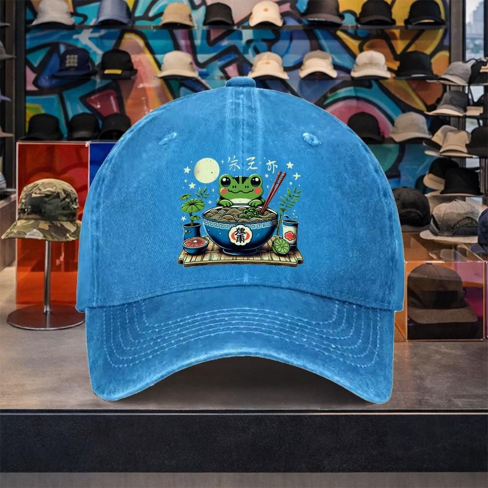 Frog Ramen Graphic Washed Denim Baseball Cap Adjustable Cotton Outdoor Casual Street Hat