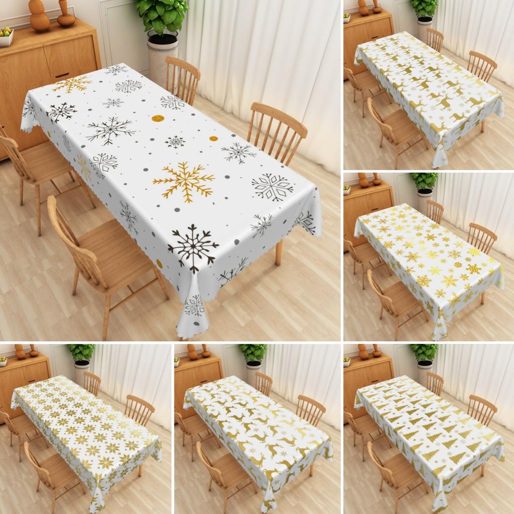 Weißgold Weihnachts-Tischdecke Schneeflocke Rentier Weihnachtsbaum Muster Wasserdichte Tischabdeckung Feiertagsessen Festliche Tischdeko