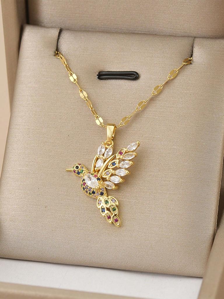 Stainless Steel Bird & Rhinestone Decor Necklace For Women, Holiday Gift