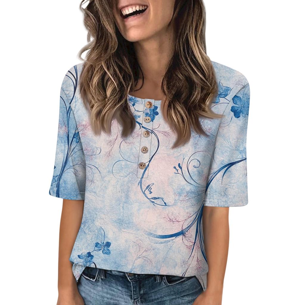 Dame Mote Trykket Rund Hals Knapp Halv Erm Løs Topp