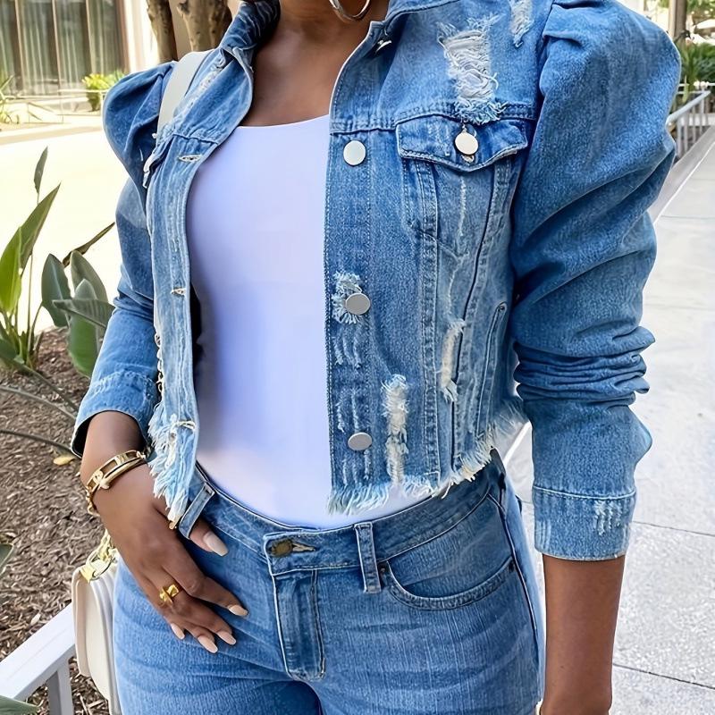 

2025 Light Blue Fluffy Sleeve Denim Jacket - Korean European Style Medium